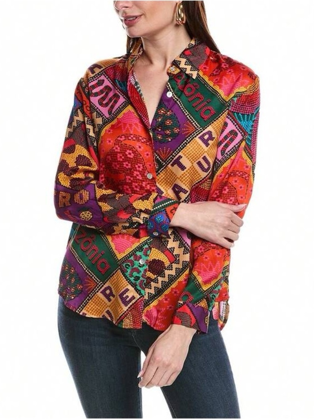 Farm Rio Dotted Patch Scarf Satin Multicolor Long Sleeve Shirt L